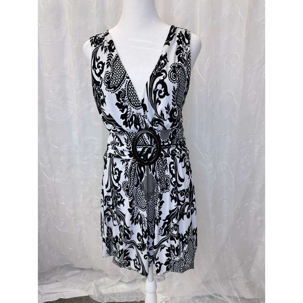 Y2K Retro Star Vixen Black White Damask Paisley O-Ring Bubble Hem Dress Small